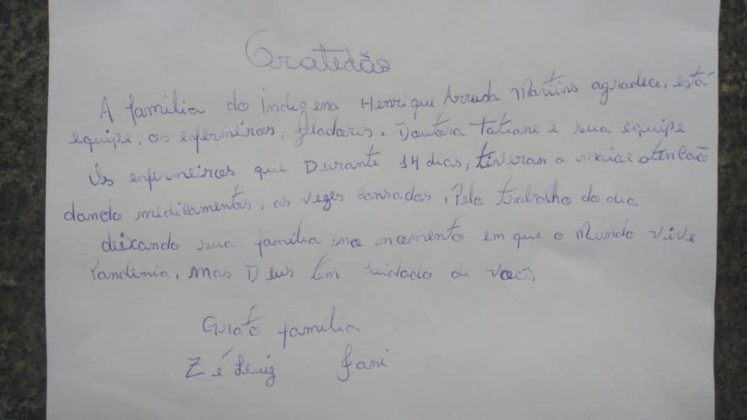 Mesmo ancião não resistindo a Covid, famíla faz carta de agradecimento